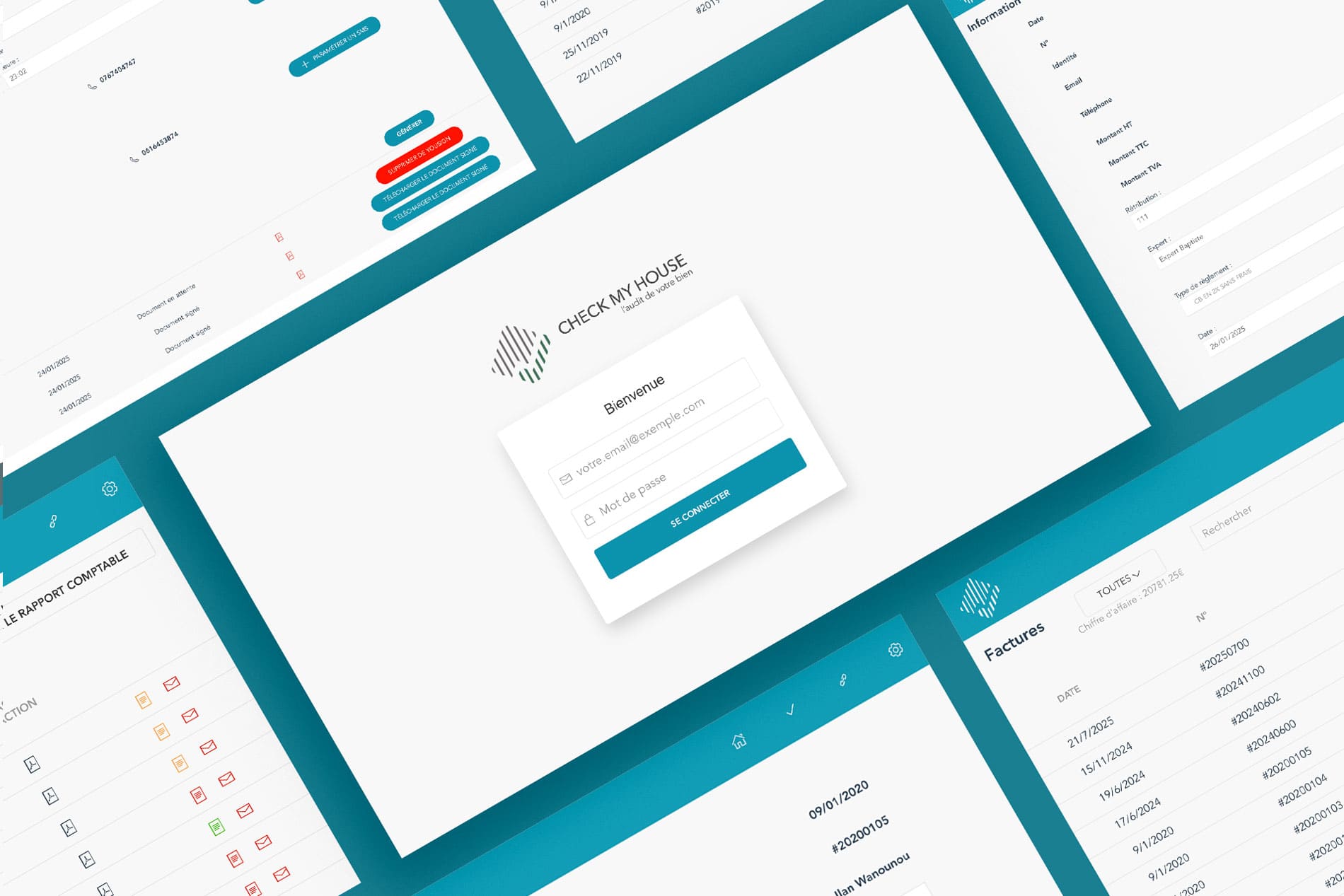 Ecrans de la plateforme web d'envoi de fichiers pour Check my House